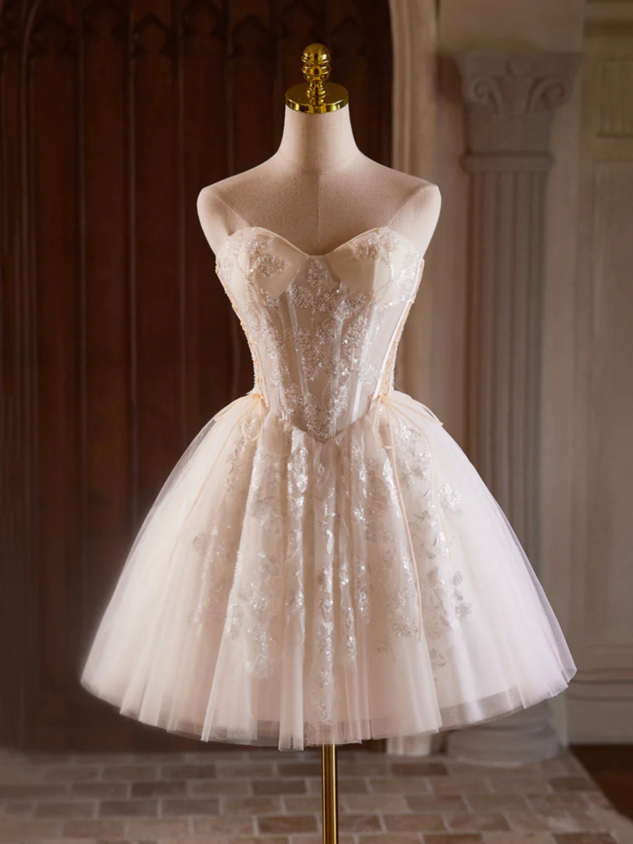 Pretty Champagne Tulle Sequins With Beaded Strapless Short Sweetheart Neck Homecoming Dress