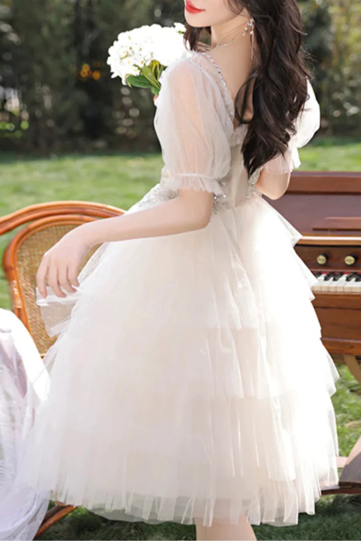 Pretty Champagne Tulle Tiered Sequins Short Homecoming Dress A-Line Short Sleeve Party Dress