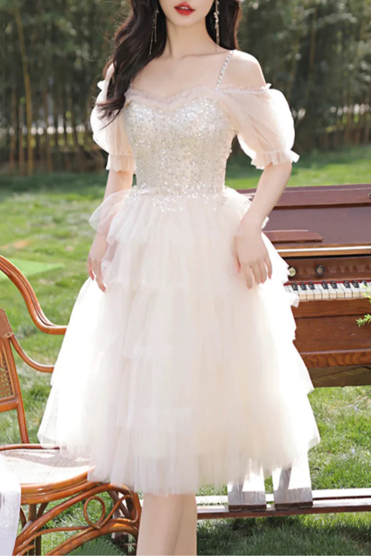 Pretty Champagne Tulle Tiered Sequins Short Homecoming Dress A-Line Short Sleeve Party Dress