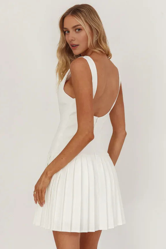 Pretty Chic Pleat Skirt Button Open Back White Mini Homecoming Dress Cocktail Dress