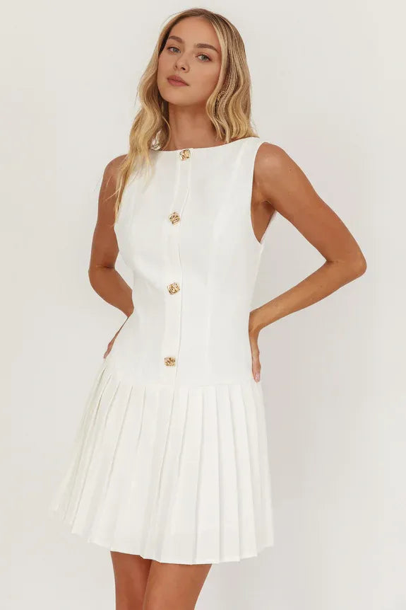 Pretty Chic Pleat Skirt Button Open Back White Mini Homecoming Dress Cocktail Dress