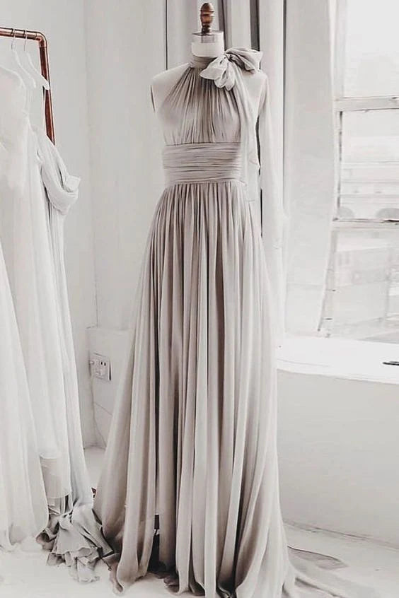 Pretty Chiffon Gray Halter Sleeveless Pleated Long Prom Dress Elegant Gray Bridesmaid Dress