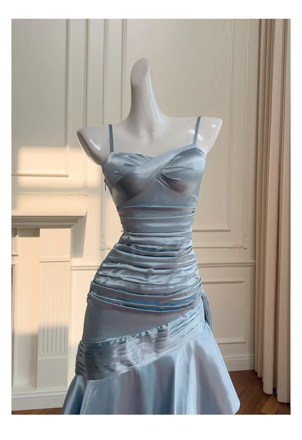 Pretty Dusty Blue Satin Pleated Ruffle Tiered Mermaid Spaghetti Straps Long Prom Dresses Budget Dusty Blue Party Dress