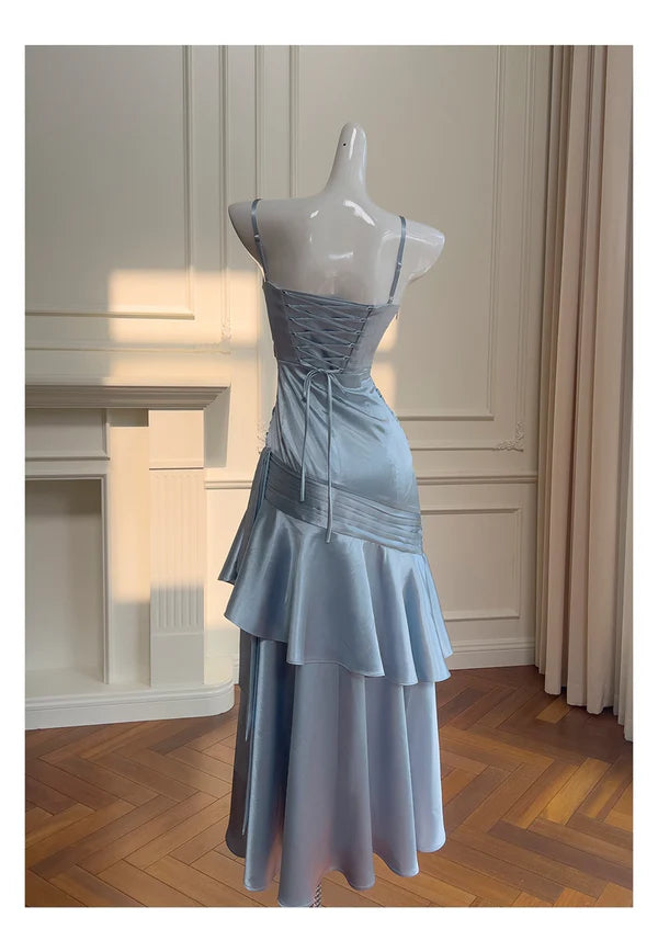 Pretty Dusty Blue Satin Pleated Ruffle Tiered Mermaid Spaghetti Straps Long Prom Dresses Budget Dusty Blue Party Dress