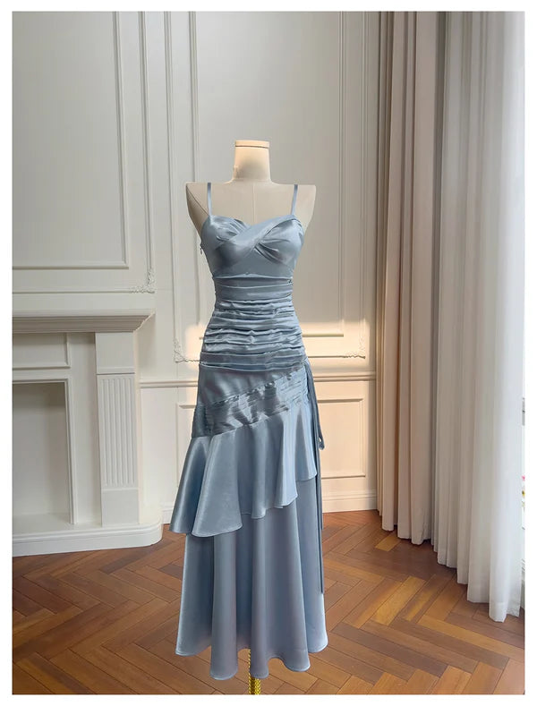 Pretty Dusty Blue Satin Pleated Ruffle Tiered Mermaid Spaghetti Straps Long Prom Dresses Budget Dusty Blue Party Dress