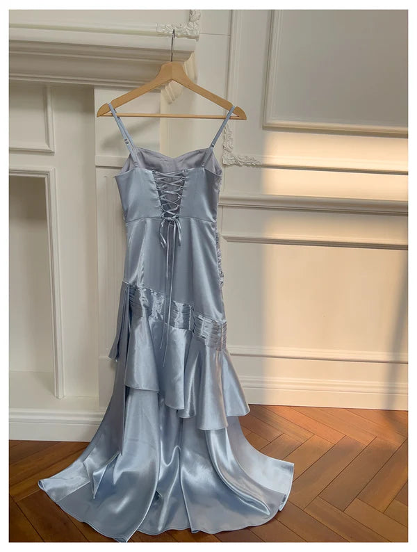 Pretty Dusty Blue Satin Ruffle Tiered Mermaid Spaghetti Straps Long Prom Dresses Budget Dusty Blue Party Dress