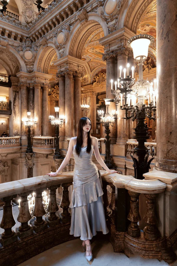 Pretty Dusty Blue Satin Ruffle Tiered Mermaid Spaghetti Straps Long Prom Dresses Budget Dusty Blue Party Dress