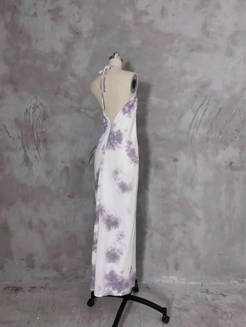 Pretty Floral Chiffon Open Back A line Halter Sleeveless Long Prom Dresses Birthday Dress