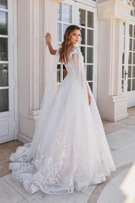 Pretty Floral Lace A-Line Wedding Dresses Sweetheart Tulle Appliques Bridal Dress With Streamer