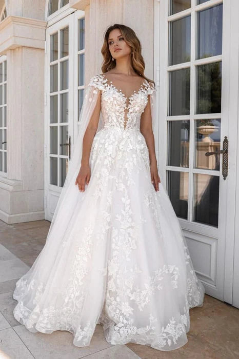 Pretty Floral Lace A-Line Wedding Dresses Sweetheart Tulle Appliques Bridal Dress With Streamer