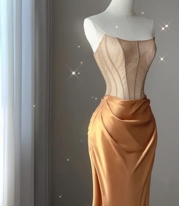 Pretty Gold Satin Strapless Sleeveless Bodycon Corset Mermaid Long Prom Dresses Discount Evening Dresses