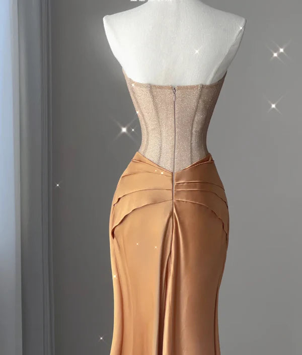 Pretty Gold Satin Strapless Sleeveless Bodycon Corset Mermaid Long Prom Dresses Discount Evening Dresses