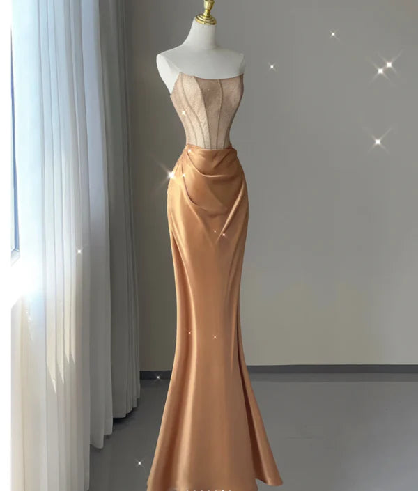 Pretty Gold Satin Strapless Sleeveless Bodycon Corset Mermaid Long Prom Dresses Discount Evening Dresses