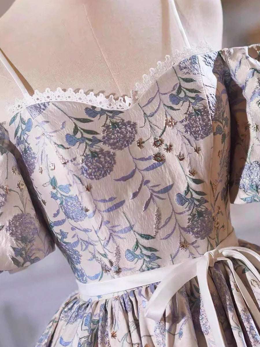 Pretty Gray Satin Floral Printing Bow Sash A-Line Spaghetti Strap Short Sleeve Homecoming Dress