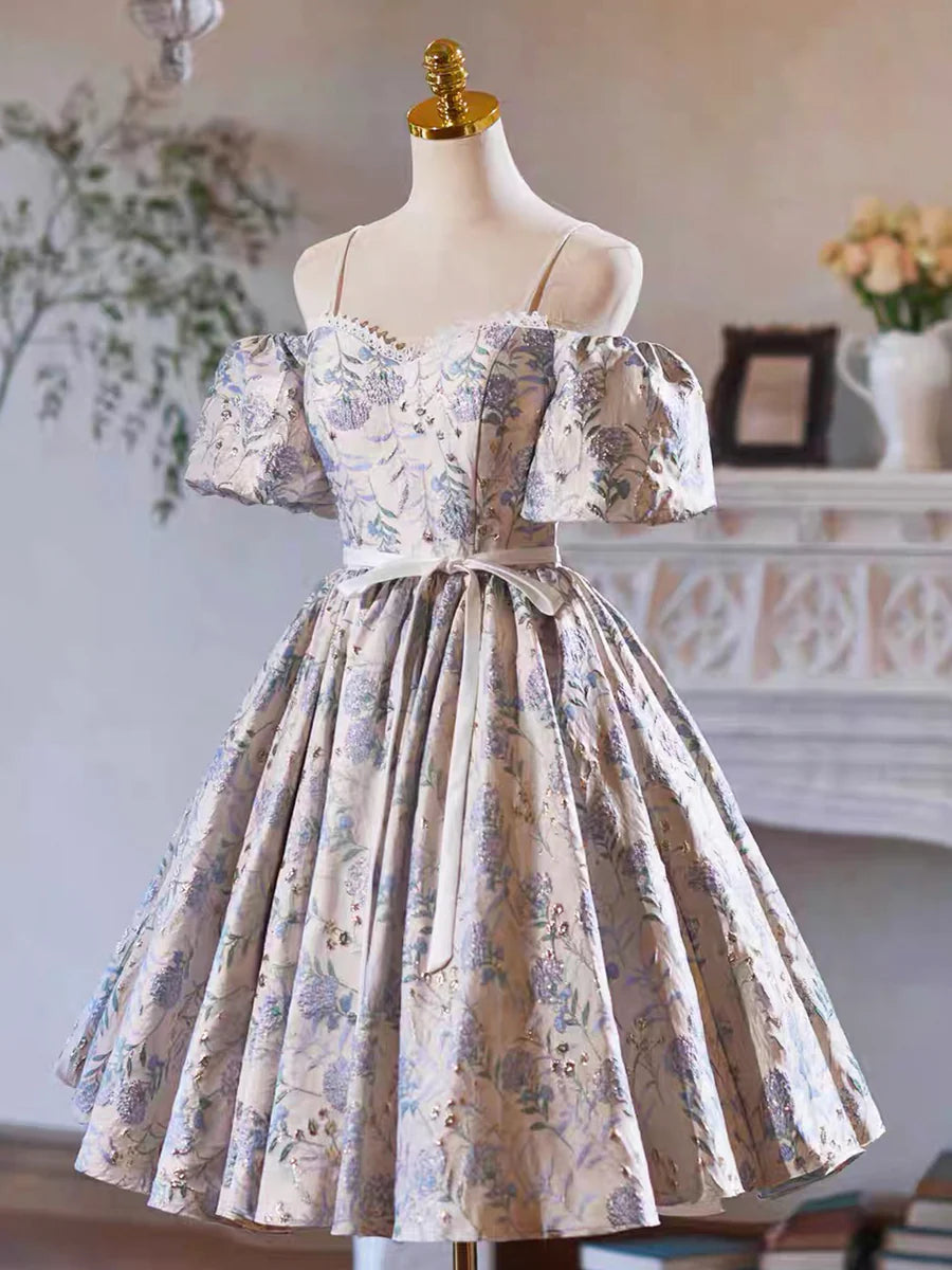 Pretty Gray Satin Floral Printing Bow Sash A-Line Spaghetti Strap Short Sleeve Homecoming Dress