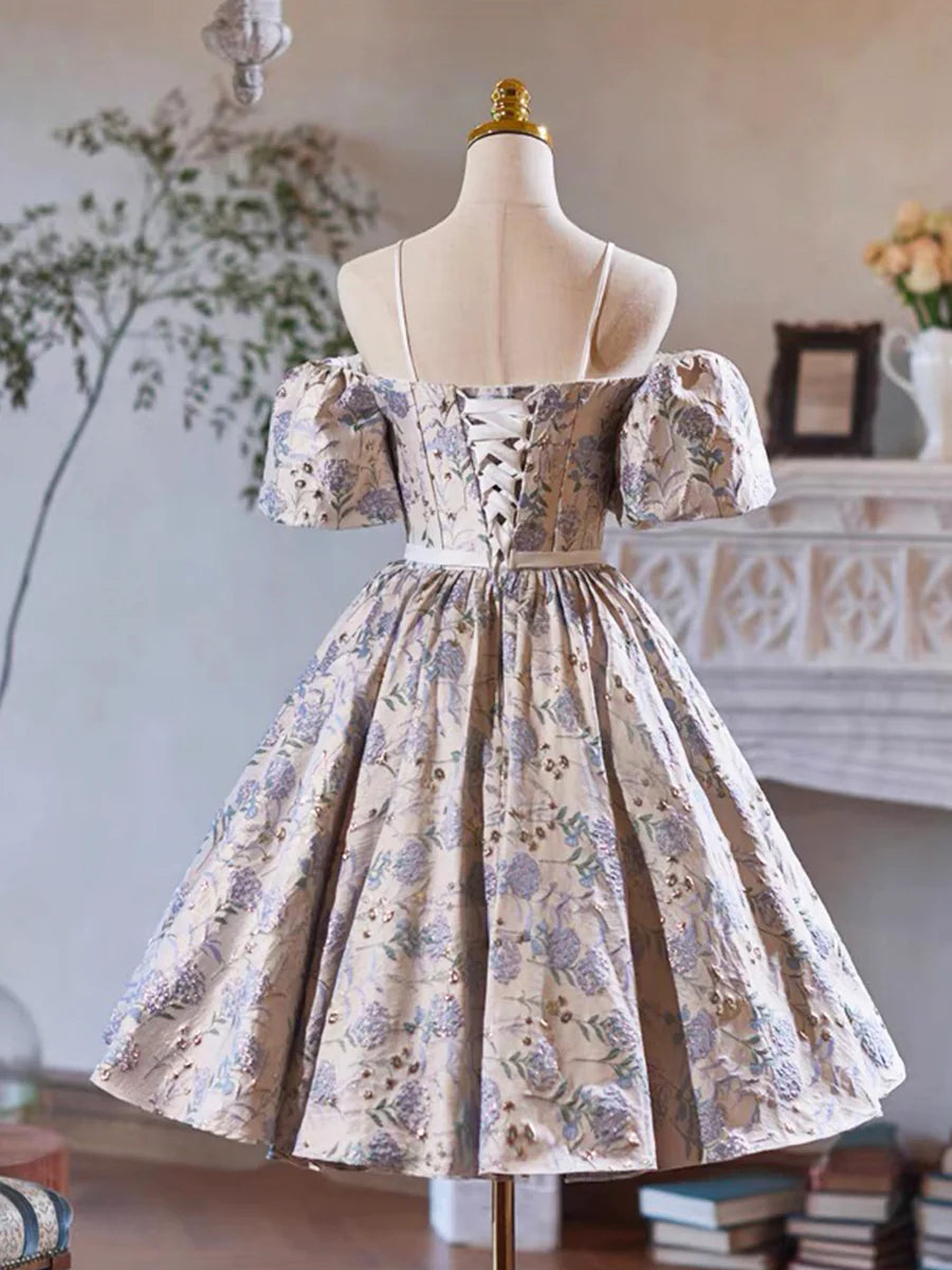 Pretty Gray Satin Floral Printing Bow Sash A-Line Spaghetti Strap Short Sleeve Homecoming Dress