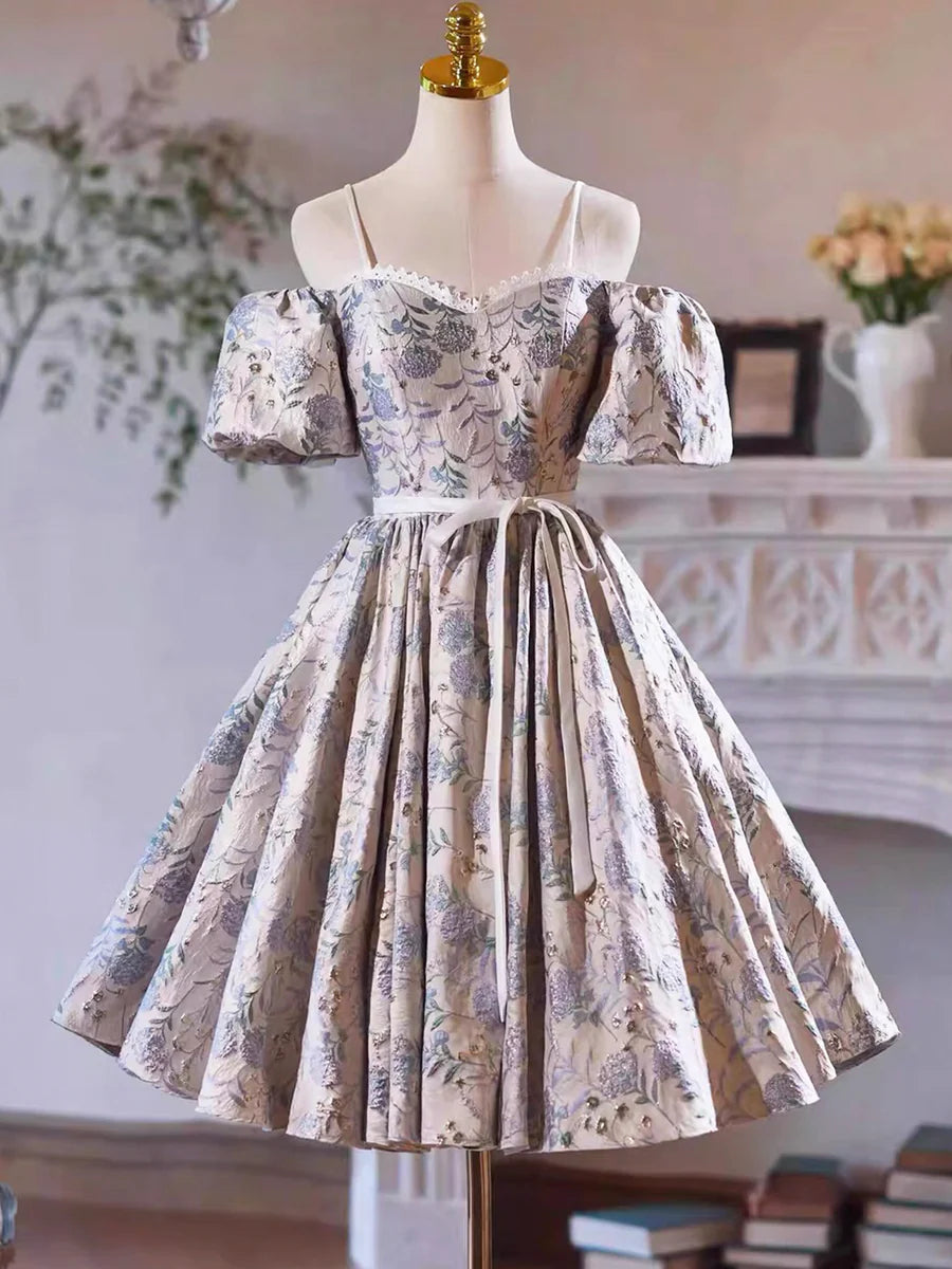 Pretty Gray Satin Floral Printing Bow Sash A-Line Spaghetti Strap Short Sleeve Homecoming Dress