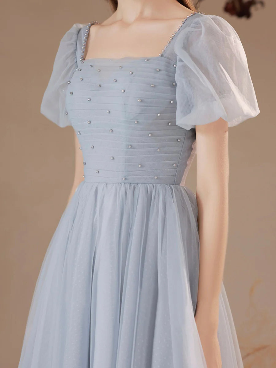 Pretty Gray Tulle Pearl Pleated Round Neck Short Prom Dress Short Sleeve Homecoming Party Dress