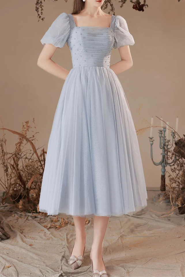Pretty Gray Tulle Pearl Pleated Round Neck Short Prom Dress Short Sleeve Homecoming Party Dress