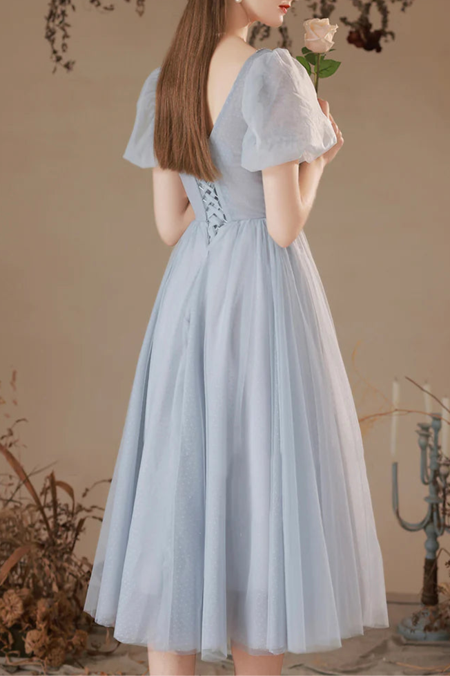 Pretty Gray Tulle Pearl Pleated Round Neck Short Prom Dress Short Sleeve Homecoming Party Dress