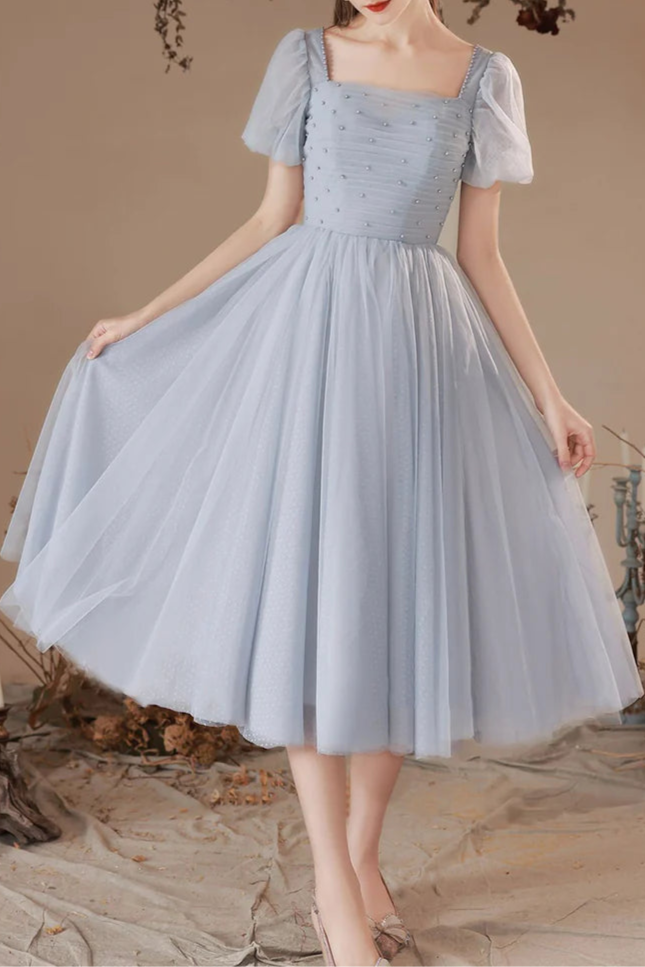Pretty Gray Tulle Pearl Pleated Round Neck Short Prom Dress Short Sleeve Homecoming Party Dress