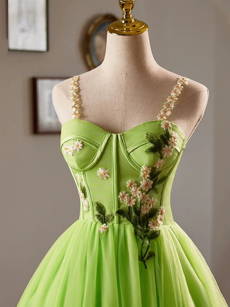 Pretty Green Lace Flower Spaghetti Straps Corset Sleeveless Backless Tea-Length Homecoming Dress