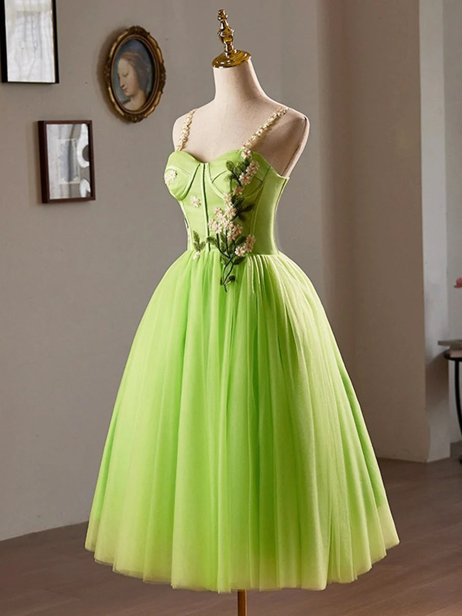 Pretty Green Lace Flower Spaghetti Straps Corset Sleeveless Backless Tea-Length Homecoming Dress