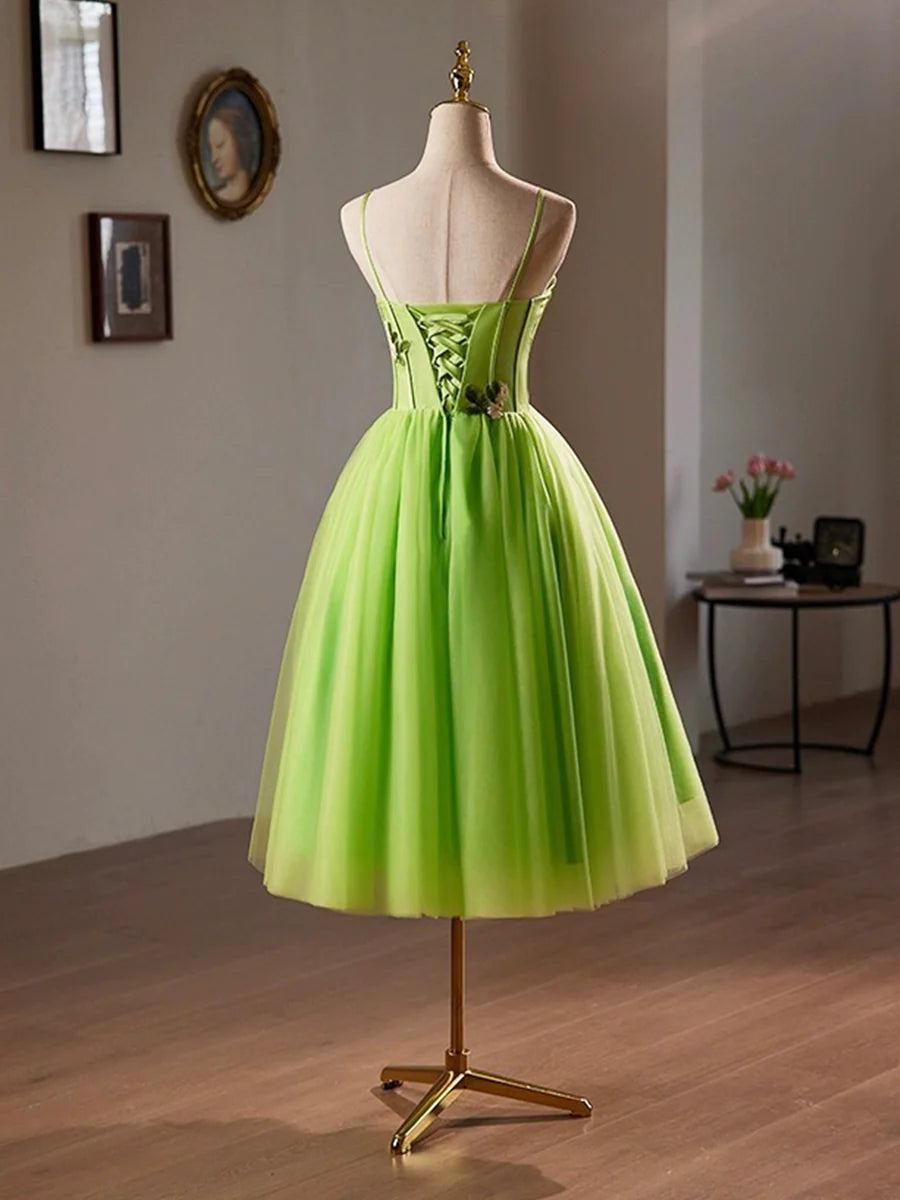 Pretty Green Lace Flower Spaghetti Straps Corset Sleeveless Backless Tea-Length Homecoming Dress