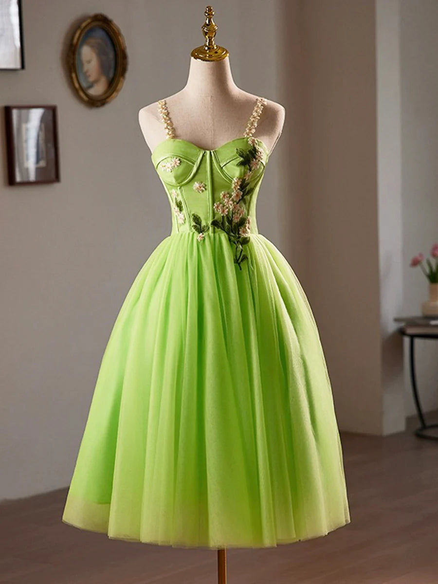 Pretty Green Lace Flower Spaghetti Straps Corset Sleeveless Backless Tea-Length Homecoming Dress