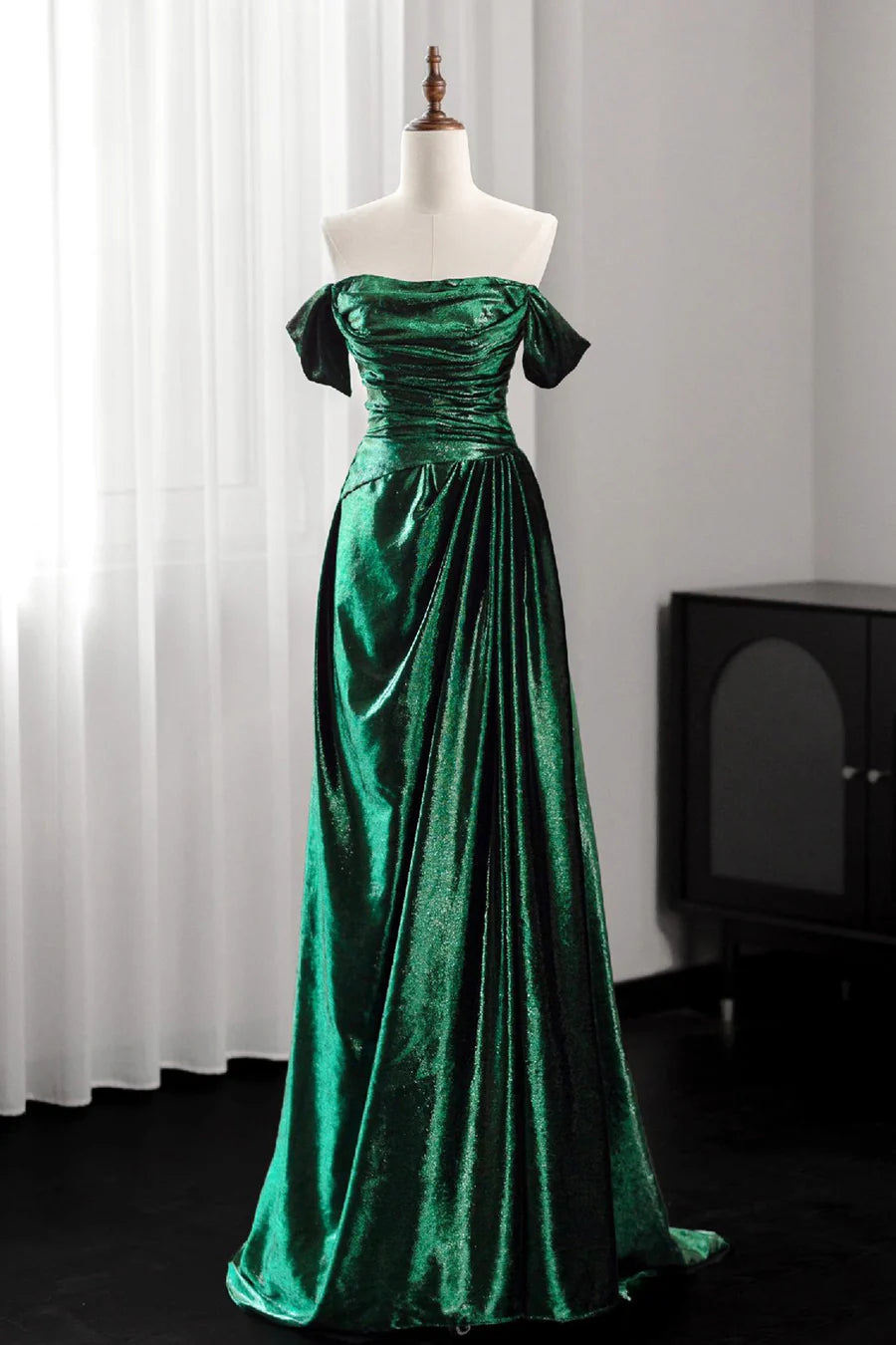 Pretty Green Pleated Floor Length Prom Dress Off the Shoulder Evening Party Dress