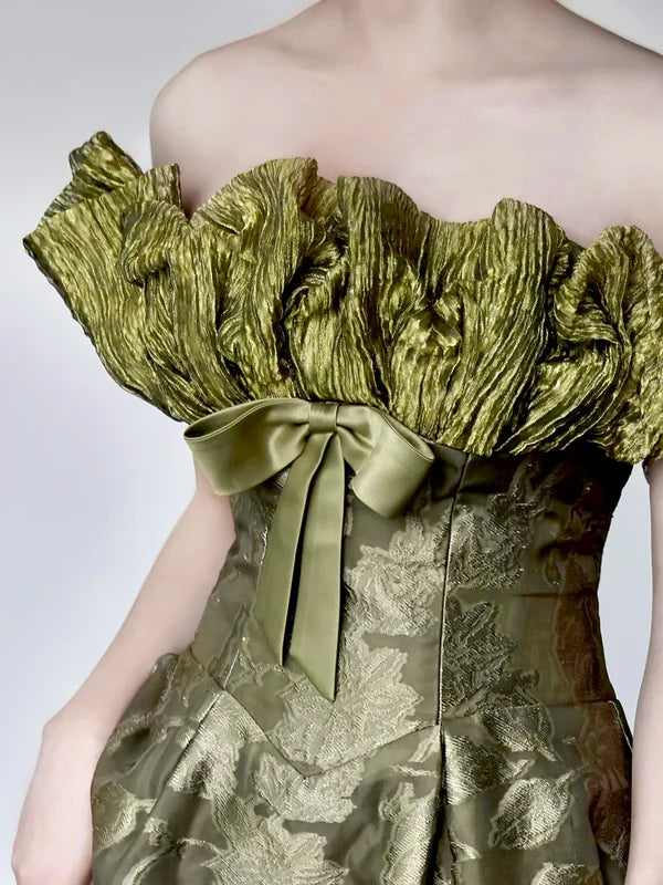 Pretty Green Satin Floral Prints A-line Strapless Long Prom Dresses Discount Long Party Dresses Graduation Dresses