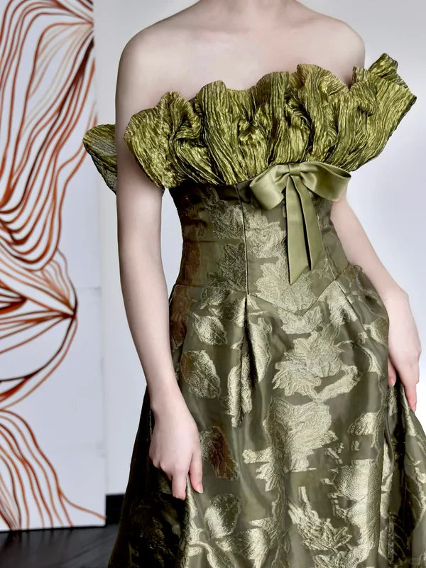 Pretty Green Satin Floral Prints A-line Strapless Long Prom Dresses Discount Long Party Dresses Graduation Dresses