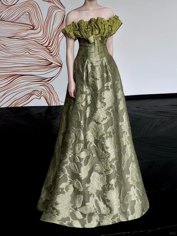 Pretty Green Satin Floral Prints A-line Strapless Long Prom Dresses Discount Long Party Dresses Graduation Dresses