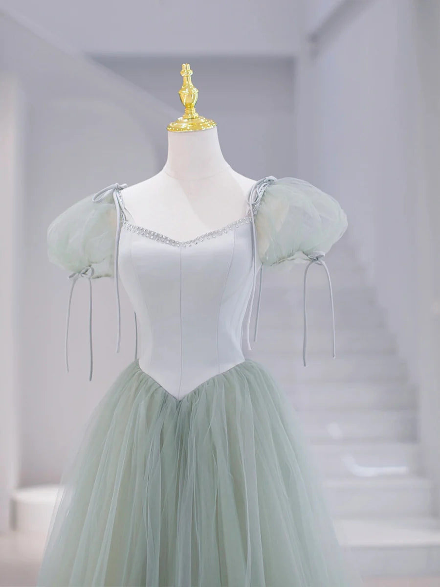Pretty Green Tulle Floor Length Prom Dress Green Short Sleeve Evening Party Dress With Beaded