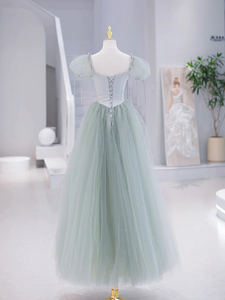 Pretty Green Tulle Floor Length Prom Dress Green Short Sleeve Evening Party Dress With Beaded