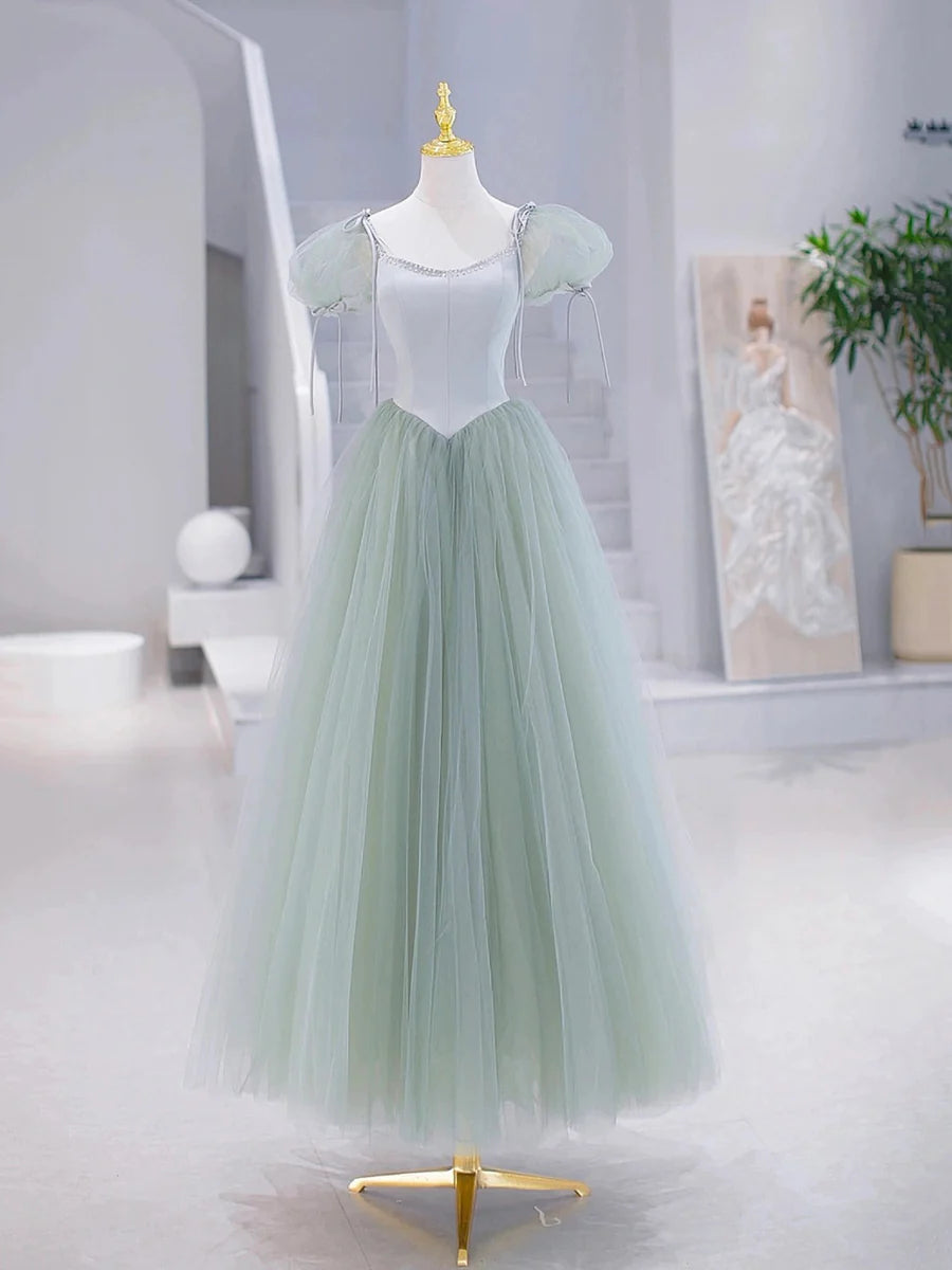 Pretty Green Tulle Floor Length Prom Dress Green Short Sleeve Evening Party Dress With Beaded