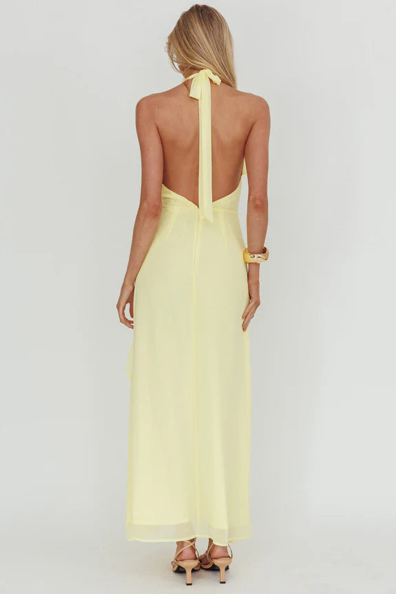 Pretty Halter Neck Ruffle Open Back Yellow Long Prom Dress With Slit