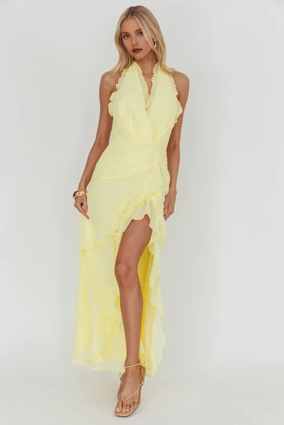 Pretty Halter Neck Ruffle Open Back Yellow Long Prom Dress With Slit