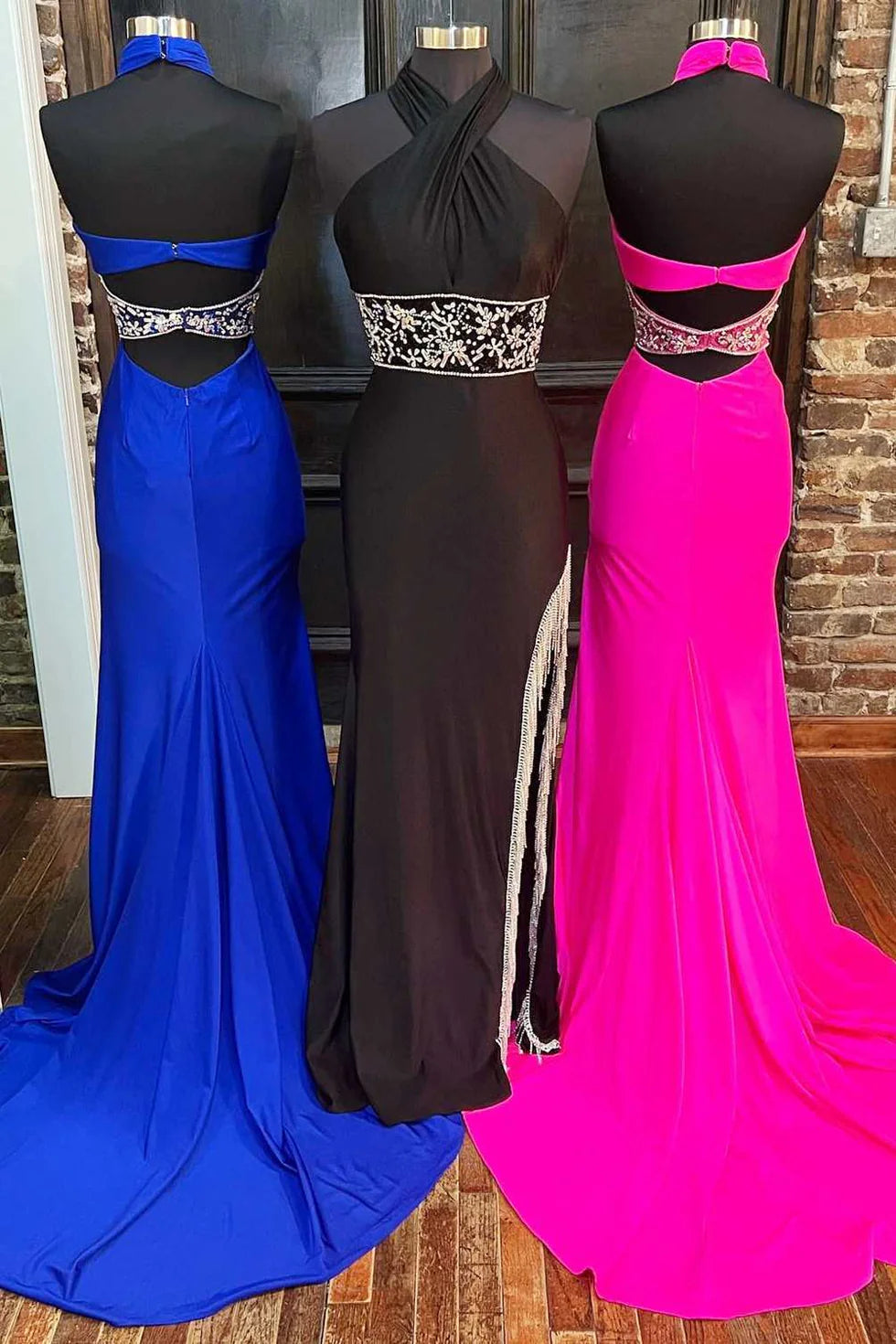 Pretty Hot Pink Halter Cross-Front Sleeveless Beaded Fringe Floor Length Long Prom Dress With Slit