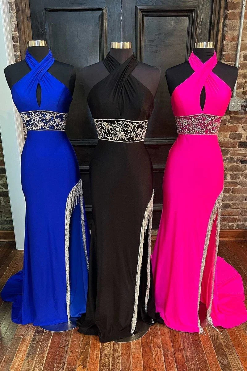 Pretty Hot Pink Halter Cross-Front Sleeveless Beaded Fringe Floor Length Long Prom Dress With Slit