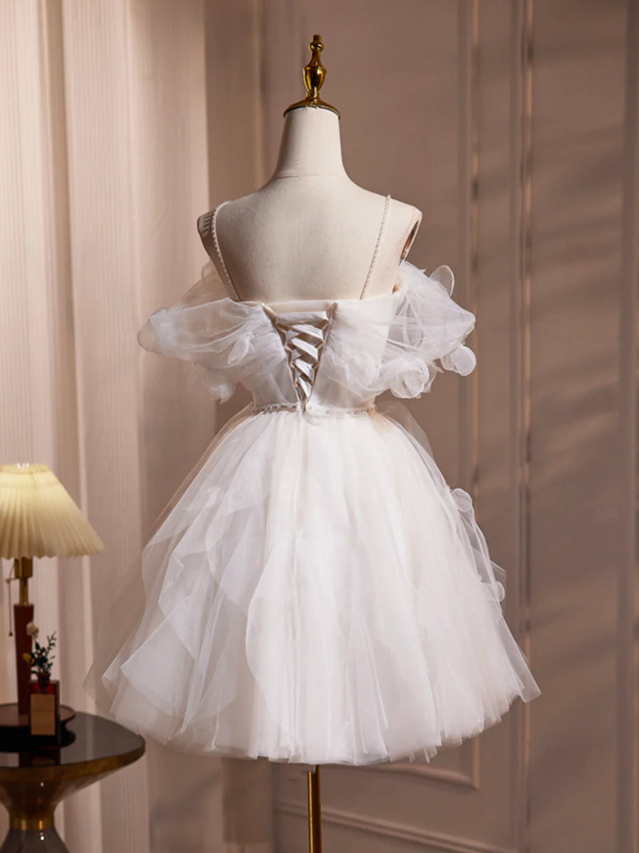 Pretty Ivory Tulle Pleated With Beaded Spaghetti Strap Short Prom Dress A-Line Homecoming Party Dress