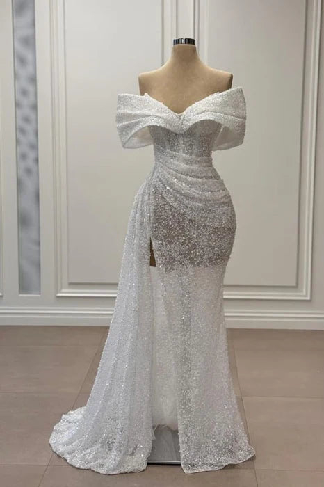 Pretty Lace Sequins With Beaded V-Neck Off-the-Shoulder Pleated Side Split Long Wedding Dress