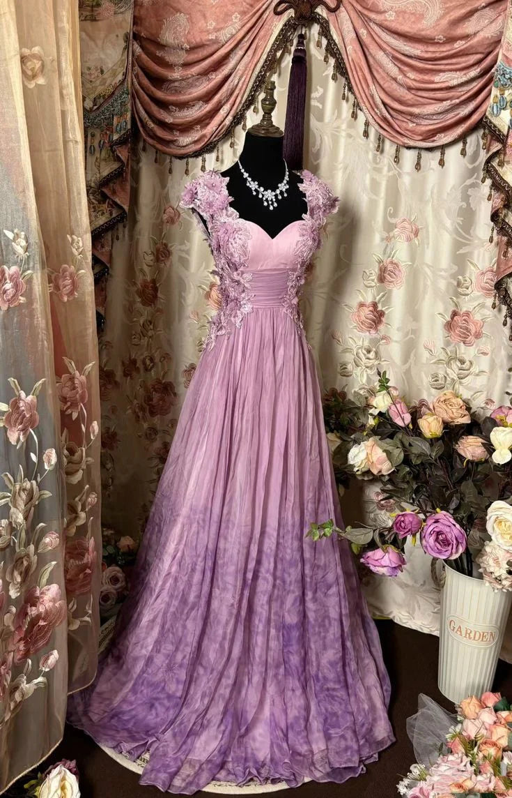 Pretty Lilac Tulle A line Sweetheart Neckline Long Party Dresses Prom Dress With Applique