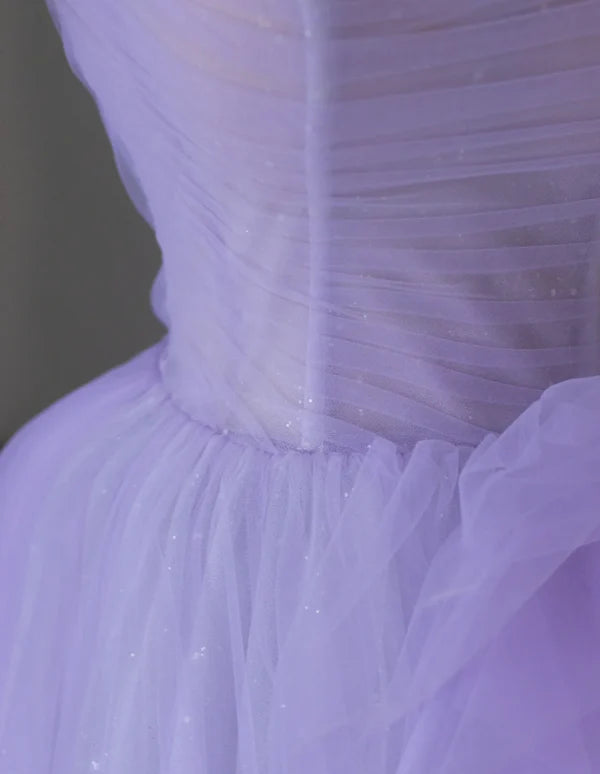Pretty Lilac Tulle Spaghetti Straps A Line Sleeveless Pleated Long Prom Dresses Stunning Evening Dresses