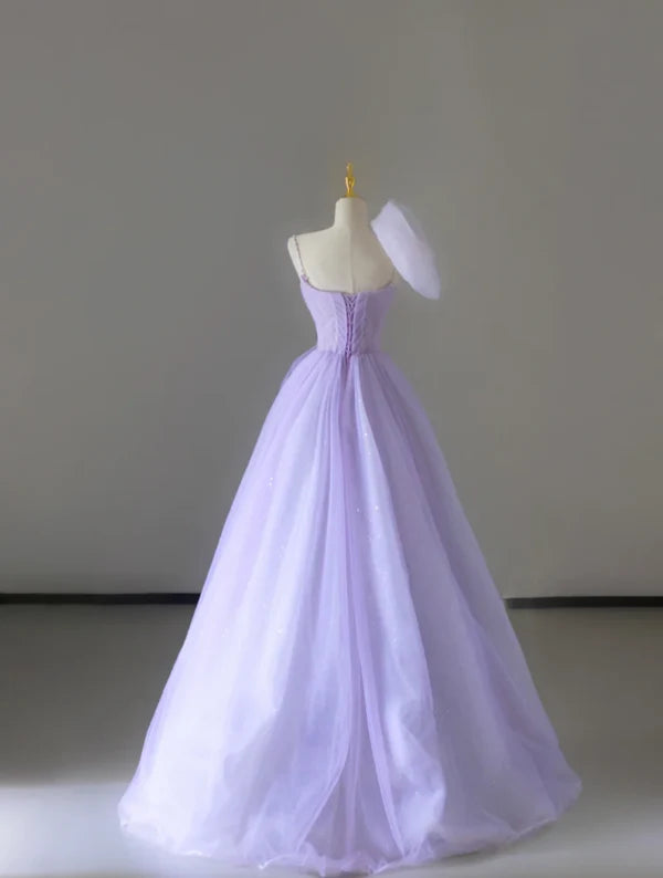 Pretty Lilac Tulle Spaghetti Straps A Line Sleeveless Pleated Long Prom Dresses Stunning Evening Dresses