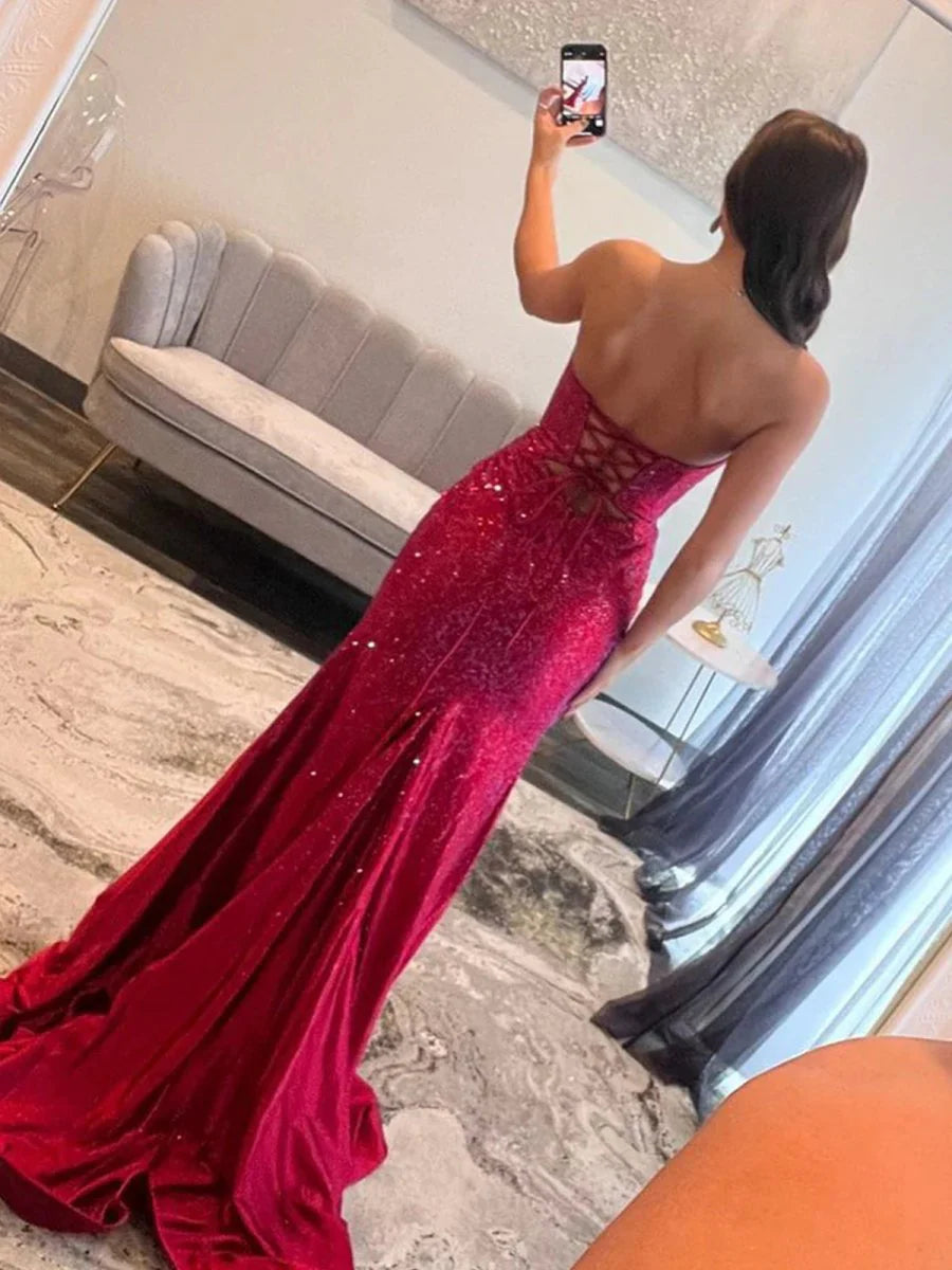 Pretty Mermaid Glitter Red V-Neck Cut Out Slit Sweep Train Prom Dress With Beading Discount Long Party Dress