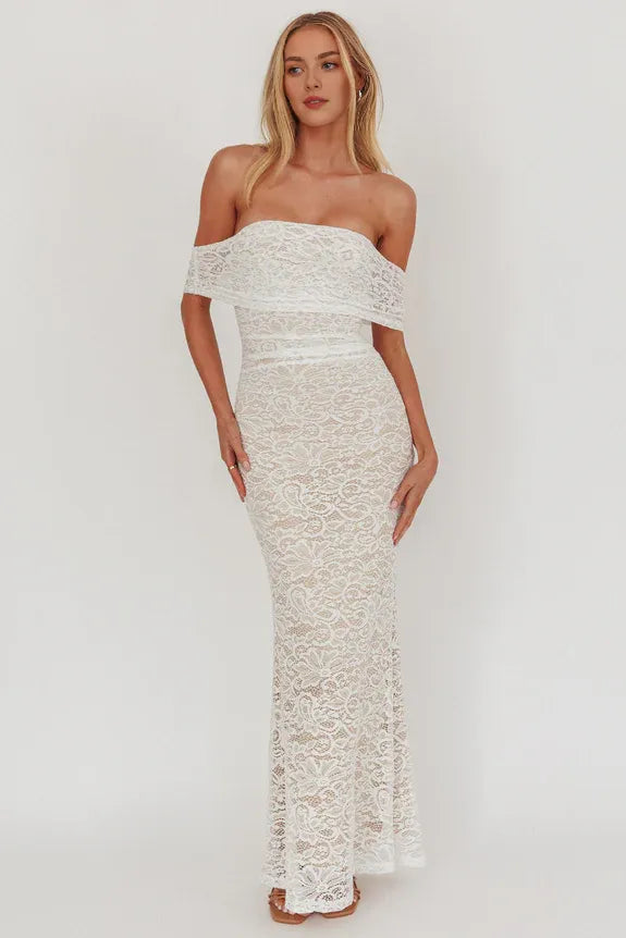 Pretty Mermaid Off-Shoulder Lace White Maxi Homecoming Dress Prom Dress