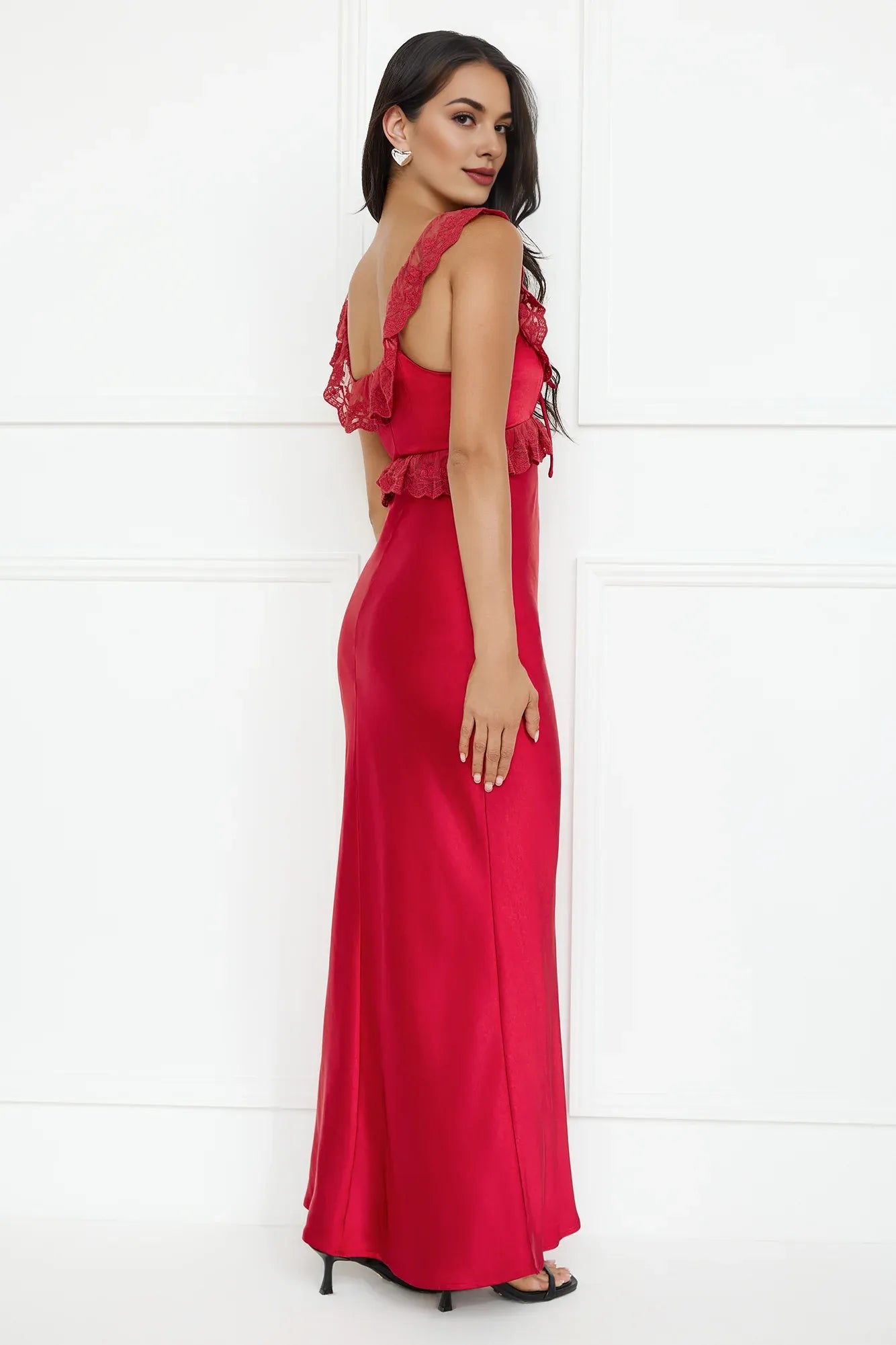 Pretty Mermaid Off-The-Shoulder Ruffle Lace Satin Red Maxi Evening Dress