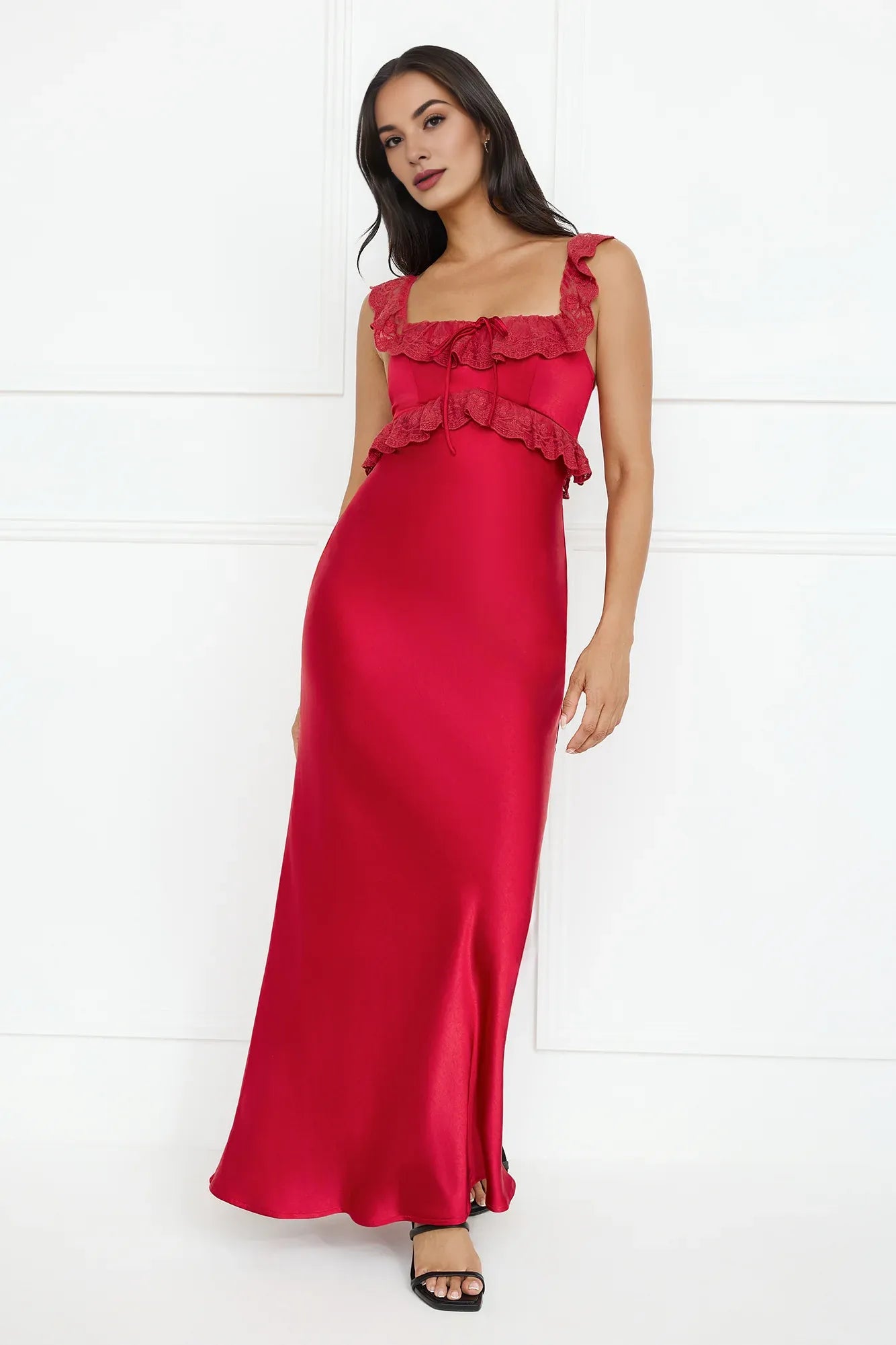 Pretty Mermaid Off-The-Shoulder Ruffle Lace Satin Red Maxi Evening Dress