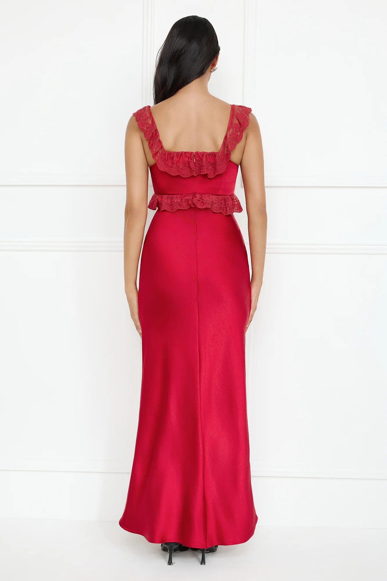 Pretty Mermaid Off-The-Shoulder Ruffle Lace Satin Red Maxi Evening Dress
